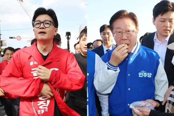 한동훈 국민의힘 대표(왼쪽)가 12일 오후 부산 금정구 노포역 일대에서 윤일현 금정구청장 후보에 대한 지지를 호소하며 거리유세를 하고 있다. 오른쪽은 이재명 더불어민주당 대표가 12일 오후 인천시 강화군 외포항 젓갈 수산물 직판장에서 한연희 강화군수 보궐선거 후보의 지지를 호소하는 모습. 뉴스1·연합뉴스