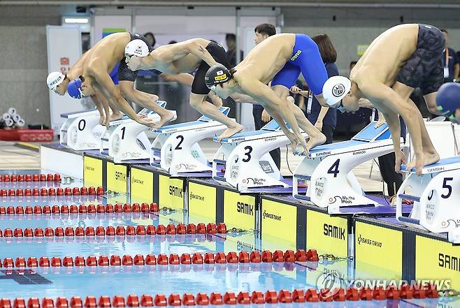 김우민 '빠른 출발' (창원=연합뉴스) 김성민 기자 = 12일 오후 경남 창원시 창원실내수영장에서 열린 제 105회 전국체육대회 남자 일반부 자유형 1500m에서 파리 올림픽 메달리스트 김우민(오른쪽 두번째)이 출발하고 있다.  2024.10.12 ksm7976@yna.co.kr