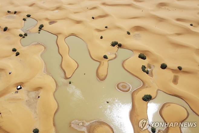 모로코 남동부 사막에 내린 폭우로 모래언덕 사이에 물웅덩이가 형성된 모습. [AP 연합뉴스. 재판매 및 DB 금지]