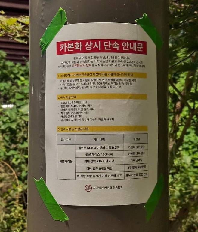 농담 반 진담 반 시작돼 밈으로 번진 ‘카본화 상시 단속 안내문’. /온라인 커뮤니티