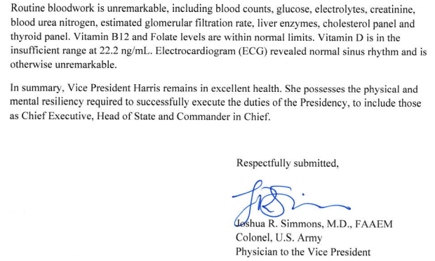 백악관이 1월12일(현지시각) 공개한 해리스 부통령의 건강 상태가 요약된 조슈아 시먼스 부통령 주치의의 2쪽짜리 서한.