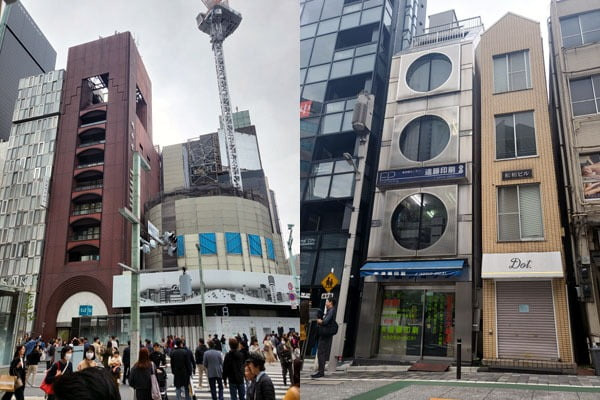 일본에서 가장 비싼 곳으로 알려진 도쿄 긴자 거리(좌), 성인이 양팔을 벌리면 건물 양 끝이 닿을 정도로 폭이 좁은 도쿄 시내 건물(우)