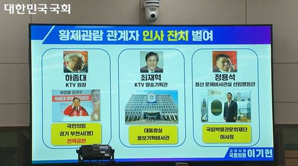 ▲ 최재혁 대통령실 홍보기획비서관을 비롯해 지난해 10월 청와대에서 진행한 국악공연 '김건희 황제관람'을 준비했던 이들은 승진하거나 총선 공천을 받았다. 사진=국회방송 갈무리