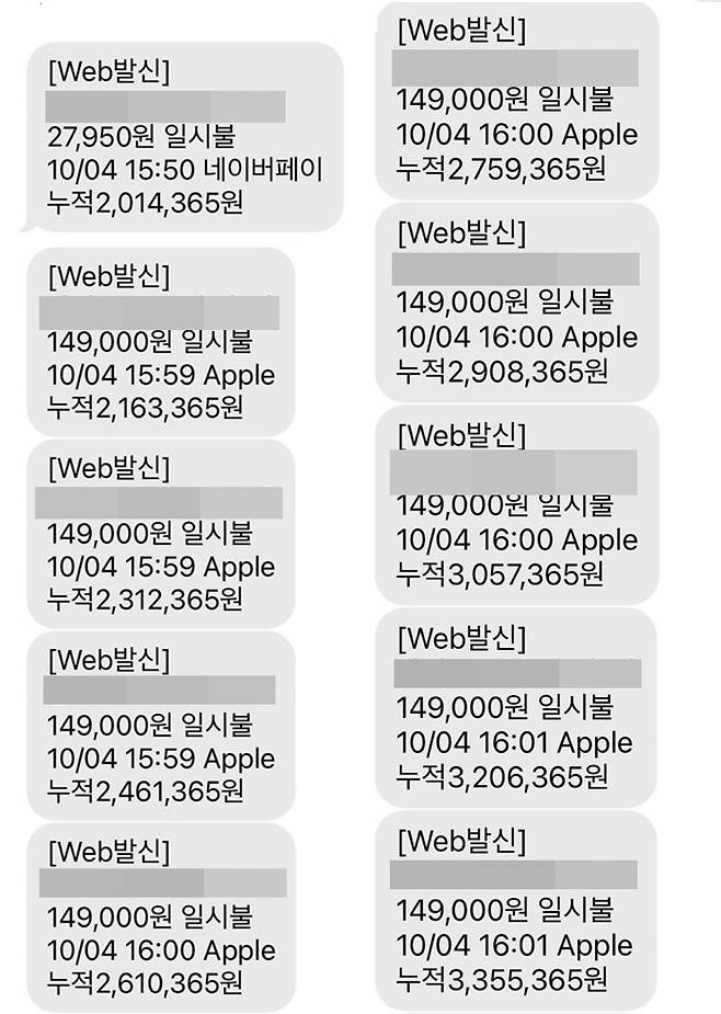 20대 직장인 이모씨는 사칭 메일 링크를 눌렀다가 약 370만원을 잃었다. 당시 6분 만에 총 25번 결제 알림 문자가 왔다. /사진=독자제공