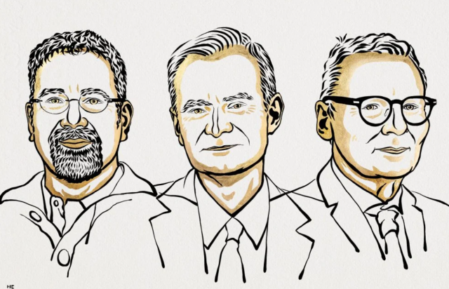2024년 노벨경제학상 수상자인 다론 아제모을루(왼쪽부터) 미국 MIT 교수와 사이먼 존슨 MIT 교수, 제임스 로빈슨 미 시카고대 교수/노벨상홈페이지