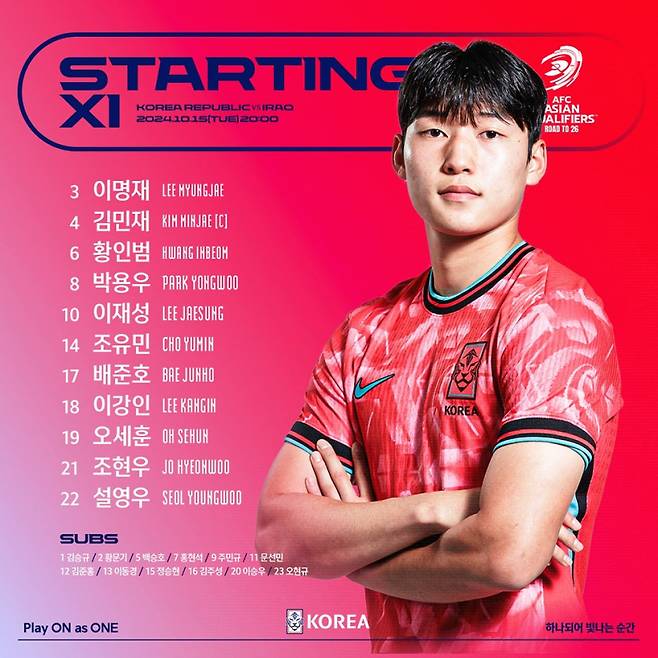 15일 용인미르스타디움에서 열린 이라크와의 2026 FIFA 북중미 월드컵 아시아 3차 예선 B조 4차전에 나선 한국의 베스트11. 사진=대한축구협회