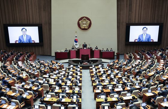 지난달 2일 제22대 국회 개원식이 국회 본회의장에서 열렸다. 우원식 국회의장이 개헌사를 하고 있다. 김성룡 기자