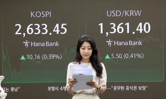 A screen in Hana Bank's trading room in central Seoul shows the Kospi closing at 2,633.45 points on Tuesday, up 0.39 percent, or 10.16 points, from the previous trading session.[YONHAP]