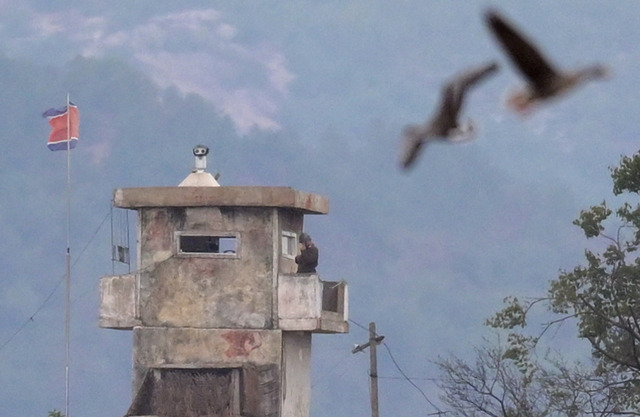 남북 군사적 긴장이 고조되는 14일 경기도 파주 자유로에서 바라본 북한 초소에 북한군 병사가 경계근무를 서고 있다. 최현규 기자