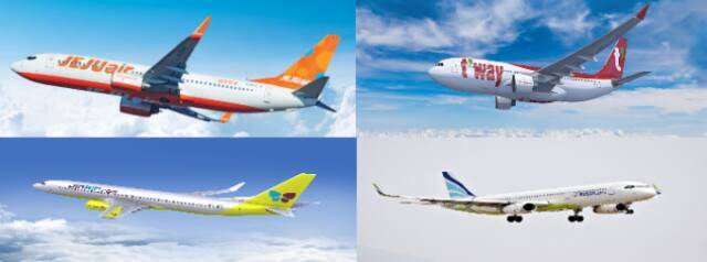 왼쪽 상단부터 시계방향으로 제주항공, 티웨이항공, 에어부산, 진에어
