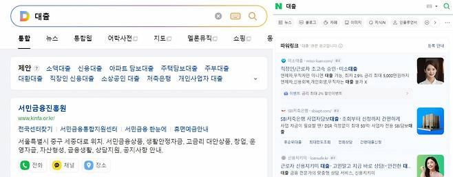 다음과 네이버 포털 사이트에 대출을 검색하면 다음은 서민금융진흥원 홈페이지를, 네이버는 대출 광고를 먼저 띄우는 것으로 나타났다. [포털 사이트 캡처]