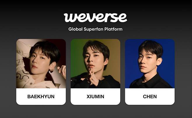 Baekhyun, Xiumin and Chen, members of K-pop group EXO, on Weverse platform (Weverse)