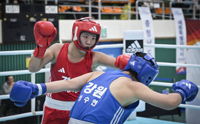 16일 김해학생체육관에서 벌어진 제105회 전국체전 복싱 여자 일반부 미들급 결승전서 성남시청 선수진(왼쪽)이 성수연(원주시청)의 안면에 왼손 훅을 적중시키고 있다. 홍기웅기자