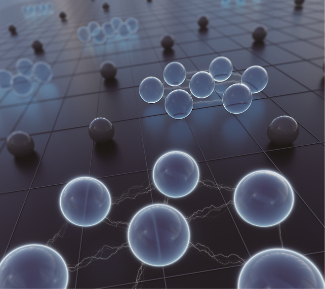 파란 공은 결정을 이룬 전자를, 검은 공은 결정을 이루지 않은 채 남아있는 '전자의 바다'를 나타낸다. 흰색 선으로 연결된 파란 공들은 육각형으로 짧은 거리의 배열만 갖는 전자 결정 조각을 이룬다. 김근수 연세대 교수 제공