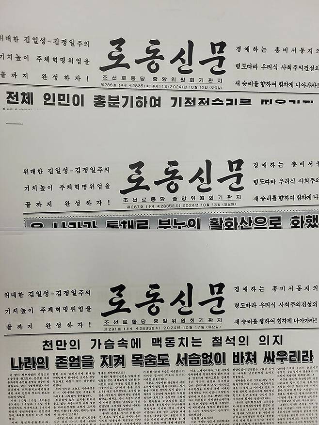 노동신믄 1면 발행 날짜와 호수를 적던 곳에&nbsp;‘주체113년’이라는 표기가 10월 12일자에는 적혀있지만, 10월 13일자부터는 사라진 모습.