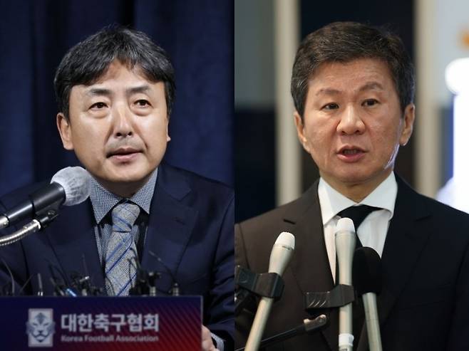 KFA 김정배 상근부회장(왼쪽)과 정몽규 회장. 사진제공｜대한축구협회