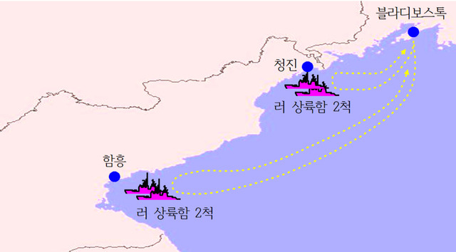 동해상 러시아 상륙함의 북한 병력 수송활동 요도. 국정원 제공