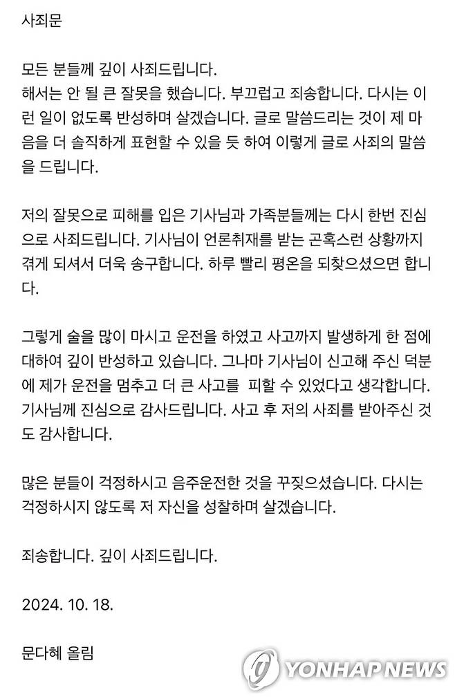 문재인 전 대통령의 딸 다혜 씨 사과문 문재인 전 대통령 딸 문다혜 씨 사과문. [문다혜 씨 측 제공]