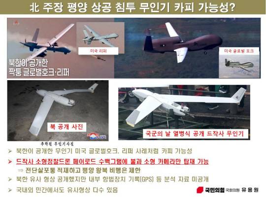 유용원 의원은 “북한이 공개한 평양 추락 무인기는 미국의 글로벌호크나 리퍼 복제 사례처럼 복제품 가능성이 높다”고 주장했다. 드론작전사령부 보유 소형정찰드론 페이로드는 수백 g에 불과해 소형 카메라 정도만 탑재 가능하다. 일각에선 정찰용 가능성도 제기하고 있다. 유용원 의원실 제공