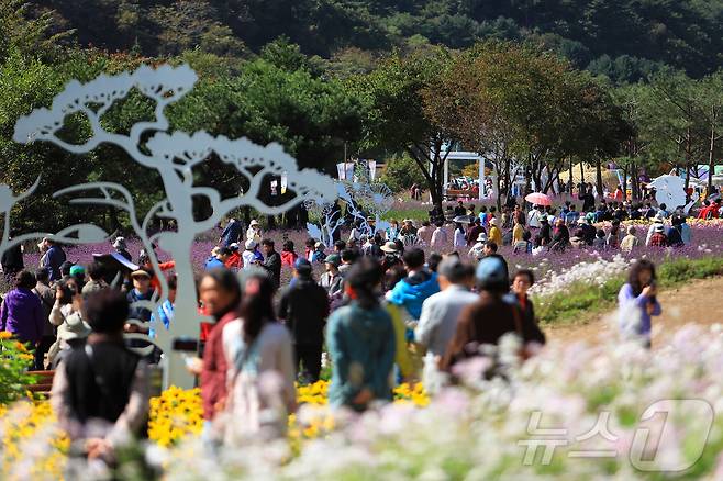 20일 강원 인제군 용대관광지에서 '인제에서 꽃길만 걷자'를 주제로 열린 가을꽃축제에서 나들이객들이 즐거운 추억을 쌓고 있다. 이번 축제는 방문객수 24만명을 기록하며 23일 간의 여정의 막을 내렸다. (인제군 제공) 2024.10.20/뉴스1 ⓒ News1 이종재 기자