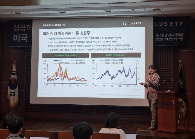 금정섭 한화자산운용 ETF사업본부장이 22일 오전 서울 여의도 금융투자협회에서 열린 '성공하는 연금 투자의 비결, 미국 성장주에서 답을 찾다' 기자간담회에서 발표를 하고 있다./사진=한화자산운용 제공