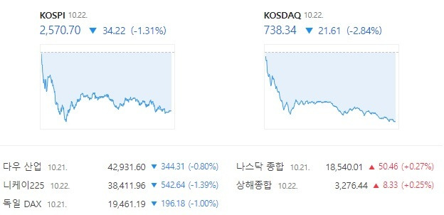 22일 코스닥은 전날보다 2.84% 하락한 738.34에 거래를 마쳤다. /네이버 증권 캡처