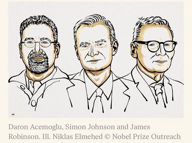 올해 노벨 경제학상의 영예는 국가 간 불평등 연구에 기여한 다론 아제모을루(57), 사이먼 존슨(61), 제임스 A 로빈슨(64) 등 3인에게 돌아갔다. /노벨위원회