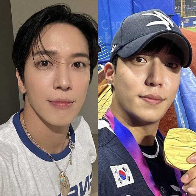 왼쪽부터 정용화, 원태인. (사진=SNS)