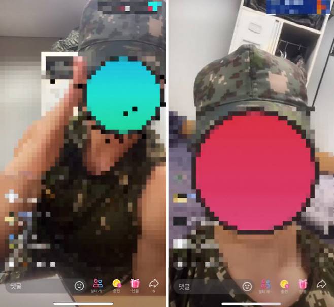 현역 군인으로 추정되는 남성이 군대 생활관에서 틱톡 라이브 방송을 진행하고 있다. (사진=틱톡 캡처)