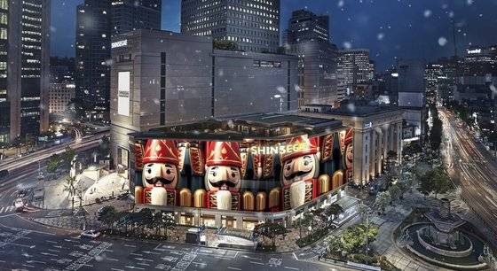 서울 중구 신세계백화점이 본관에 설치 중인 대형 LED 전광판. 11월 1일 첫 선을 보인다. [사진 중구청]