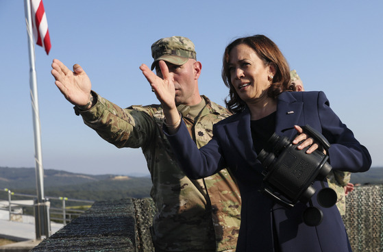 U.S. Vice President Kamala Harris stands at military observation post as she visits the demilitarized zone (DMZ) separating the two Koreas, in Panmunjom, South Korea, on Sept. 29, 2022. [JOINT PRESS CORPS]