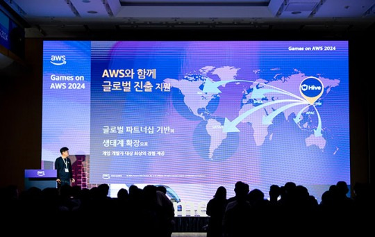 'Games on AWS 2024'에서 키노트 강연 중인 컴투스플랫폼 최석원 대표. 사진 제공 : 컴투스홀딩스