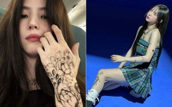 '타투 스티커'를 패션 아이템으로 활용해 개성을 드러낸 연예인들. 배우 한소희, 에스파 카리나 인스타그램 캡처