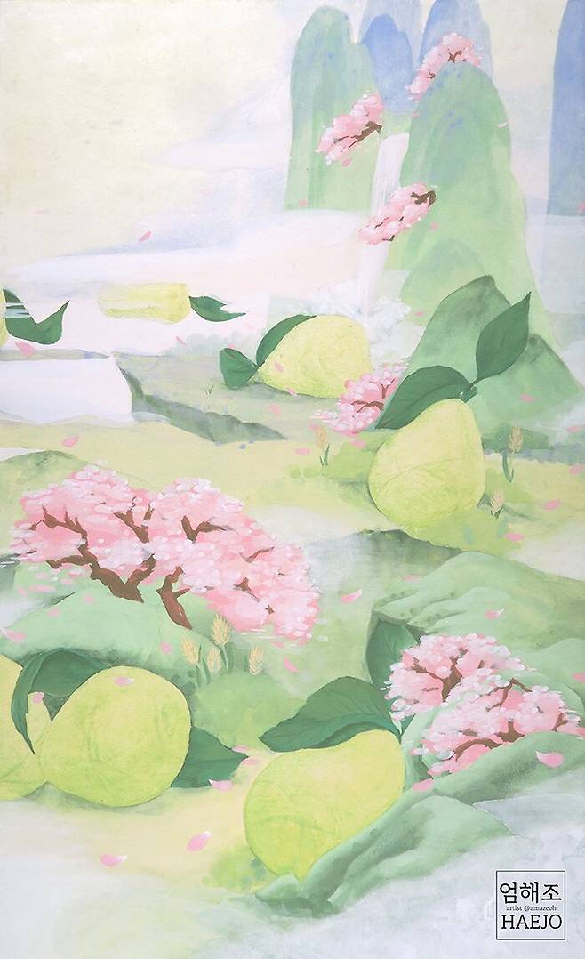 ▲ 엄해조_목호도원(穆好桃源)중 일부_한지에 분채, 석채_45.7.5×82.2cm_2024