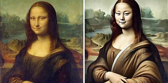 프랑스 루브르박물관에 소장된 르네상스 시대 화가 레오나르도 다빈치의 작품 ‘모나리자’(왼쪽)와 생성형 인공지능(AI)이 만든 한국 여성 얼굴의 모나리자 이미지(오른쪽). [사진 심상용]