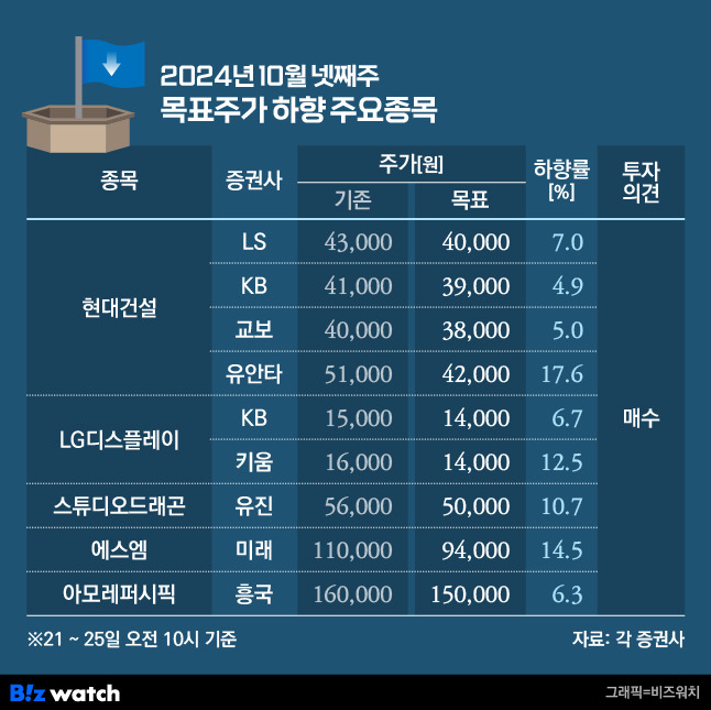 10월 넷째주 목표주가 하향 목록/그래픽=비즈워치