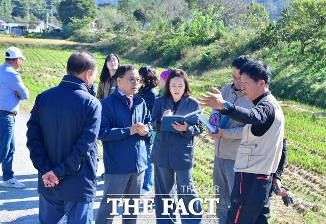 곽영호 장성군 부군수가 벼 수확 현장을 직접 찾아 농업인들의 애로사항을 청취하고 있다./장성군