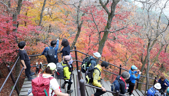 Hikers visit Mount Bukhan in Gangbuk District, northern Seoul, on Sunday, revel in the autumn season as they as they hike the Baegundae trail surrounded by brilliant fall colors. [NEWS1]