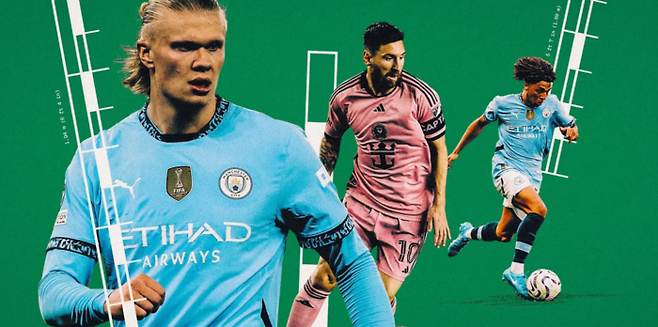 왼쪽 에링 홀란은 키가 194㎝다. 가운데는 리오넬 메시로 170㎝다. 맨 오른쪽은 리코 루이스로 키가 169㎝다. 디애슬레틱