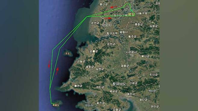 북한이 평양서 추락한 무인기의 잔해를 분석해 확인한 비행경로라며 제시한 그래픽 [조선중앙통신 제공]