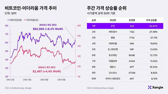 비트코인·이더리움 가격 추이와 주간 가격 상승률 순위.(2024년 9월 20일 기준) /쟁글 제공