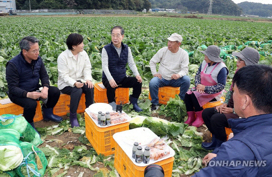 한덕수 국무총리가 27일 충남 아산시 배방읍의 한 배추밭을 찾아 배추 수확 작업을 마친뒤 송미령 농림축산식품부 장관, 농민들과 함께 간담회를 하고 있다. [연합뉴스]