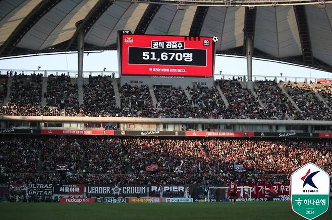 지난 3월 5만 1670명의 관중이 들어찬 서울월드컵경기장. 사진=프로축구연맹