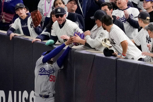 MLB LA 다저스의 외야수 무키 베츠가 30일 미국 뉴욕의 양키스타디움에서 열린 2024  MLB 월드시리즈 4차전 경기 도중 상대의 파울 타구를 잡은 글러브를 관중에게 붙잡히고 있다.  AP뉴시스