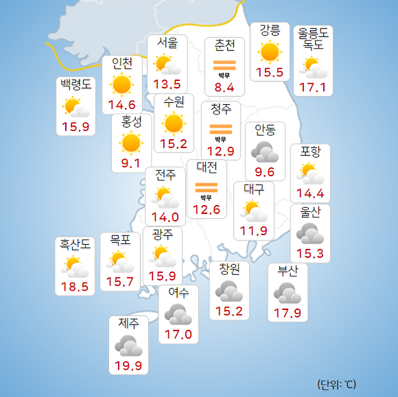 31일 오전 9시 현재 전국 날씨. [사진=기상청 날씨누리]