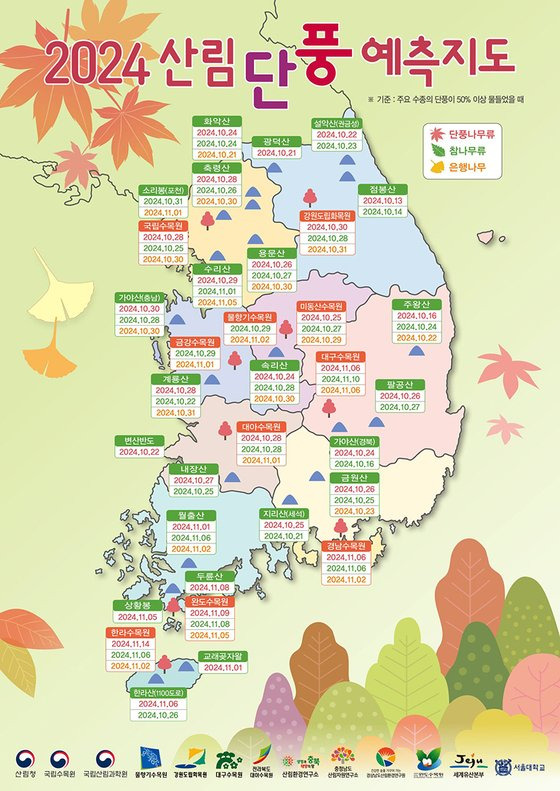 지난 9월 발표된 '2024 산림 단풍 예측지도'. 산림청은 전국적으로 평년보다 늦은 시기 단풍이 개화할 것으로 예상했다. 사진 산림청