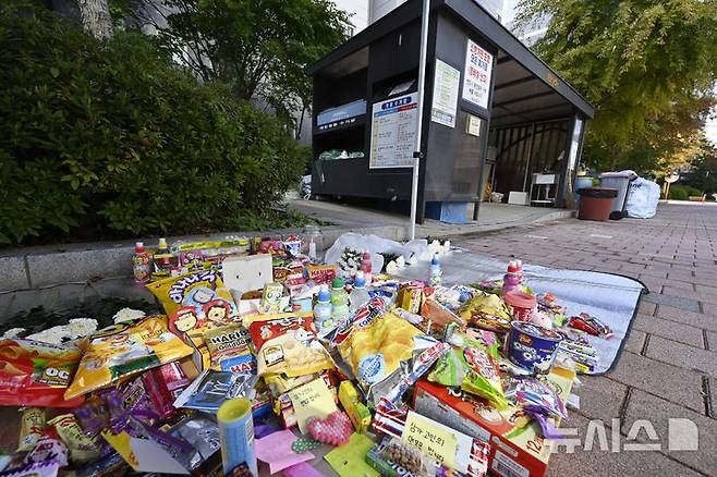 [광주=뉴시스] 박기웅 기자 = 31일 초등학생이 후진하던 폐기물 수거차량에 치여 숨진 광주 북구 신용동 모 아파트 단지 내 사고 현장에 추모의 의미를 담은 국화와 과자 등이 놓여있다. 2024.10.31. pboxer@newsis.com