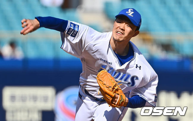 [OSEN=대구, 이석우 기자] 15일 대구 삼성라이온즈파크에서 2024 신한 SOL 뱅크 KBO 리그 삼성 라이온즈와 롯데 자이언츠의 시범경기가 열렸다. 삼성 라이온즈 장필준이 역투하고 있다. 2024.03.15 / foto0307@osen.co.kr