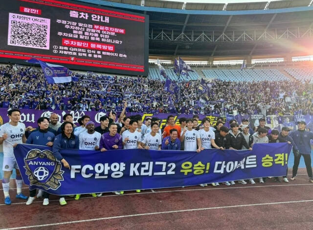 K리그2 우승을 차지한 FC안양 선수단이 축하 세레머니를 하고 있다. FC안양 제공