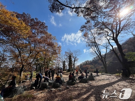 3일 계룡산 국립공원에서 등산객들이 남매탑 부근에 핀 단풍을 보고 있다. (계룡산 국립공원 제공)/뉴스1